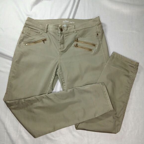SOHO New York Legging Jeans Green Khaki Zipper Detail Stretch Button Fly sz: 12 - Picture 1 of 7